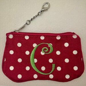 WOMAN'S GIRLS MSC MAINSTREET COLLECTION ZIP COIN BAG PINK WHITE DOTS LETTER "C"